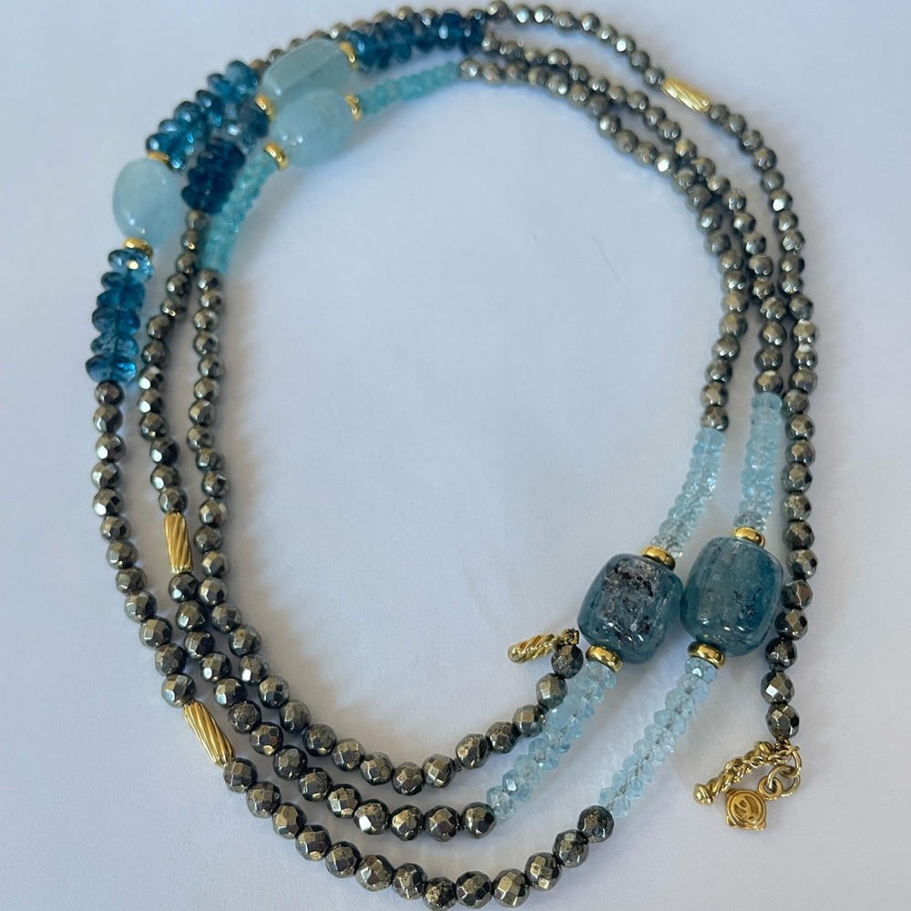 David Yurman 18k Tweejoux Necklace with aquamarine, blue topaz, & hematite beads - Picture 4 of 11